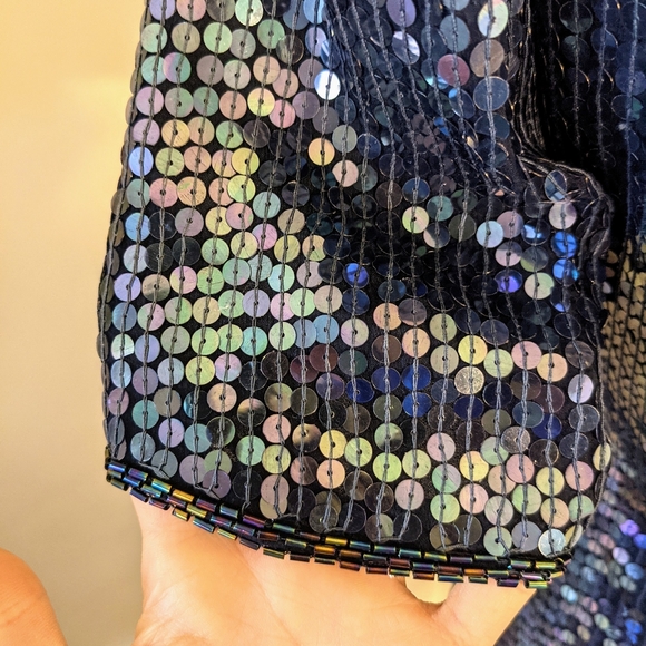 Vintage Silk Sequinned Blue Iridescent Cocktail Dress - Picture 4 of 11